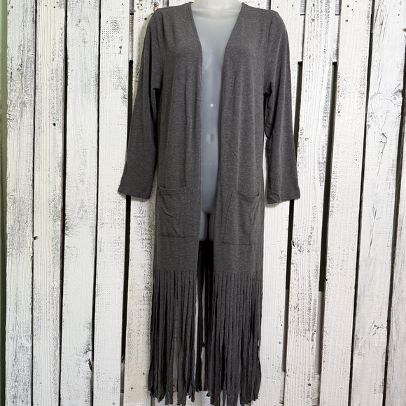 JODIFL Fringe Cardigan Women’s Size Small Open Front Gray Boho Western Knit Long - Picture 1 of 11
